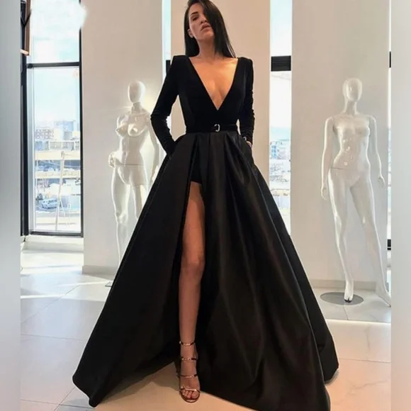 Long Sleeve Velvet Satin V Neck Formal Dress High Split Evening Gown Poc… - Picture 4 of 9